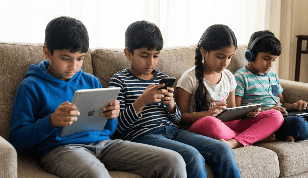Illustration of young children watching screens, representing modern screen exposure in childhood.