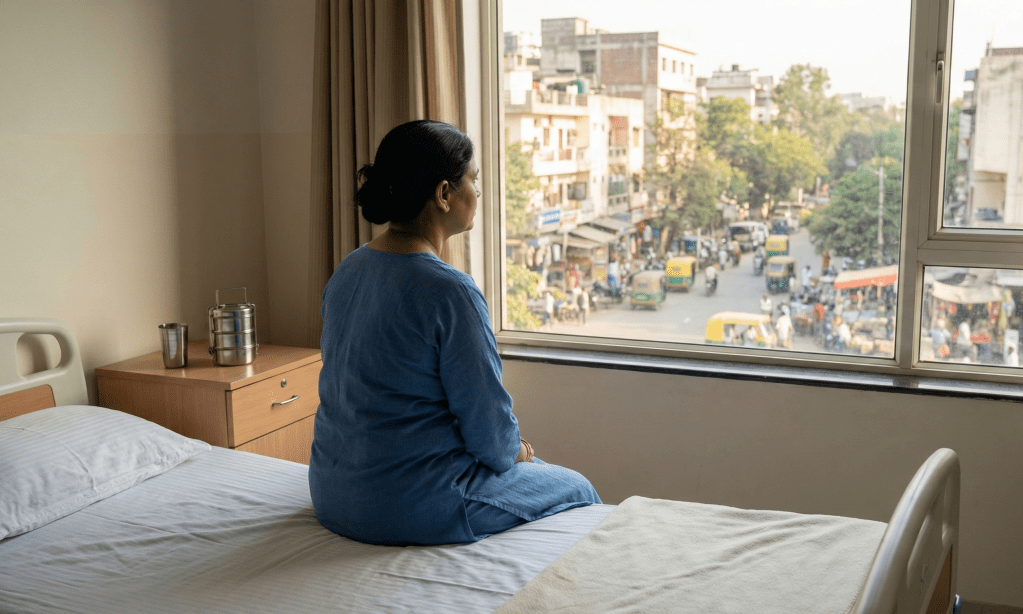 A person sitting on a hospital bed, looking out of a window at a busy city street, reflecting quietly during a moment of uncertainty.