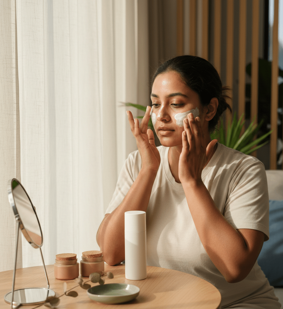 Woman applying SPF 50 sunscreen indoors near a window to protect skin from UVA rays and prevent photoageing and pigmentation.