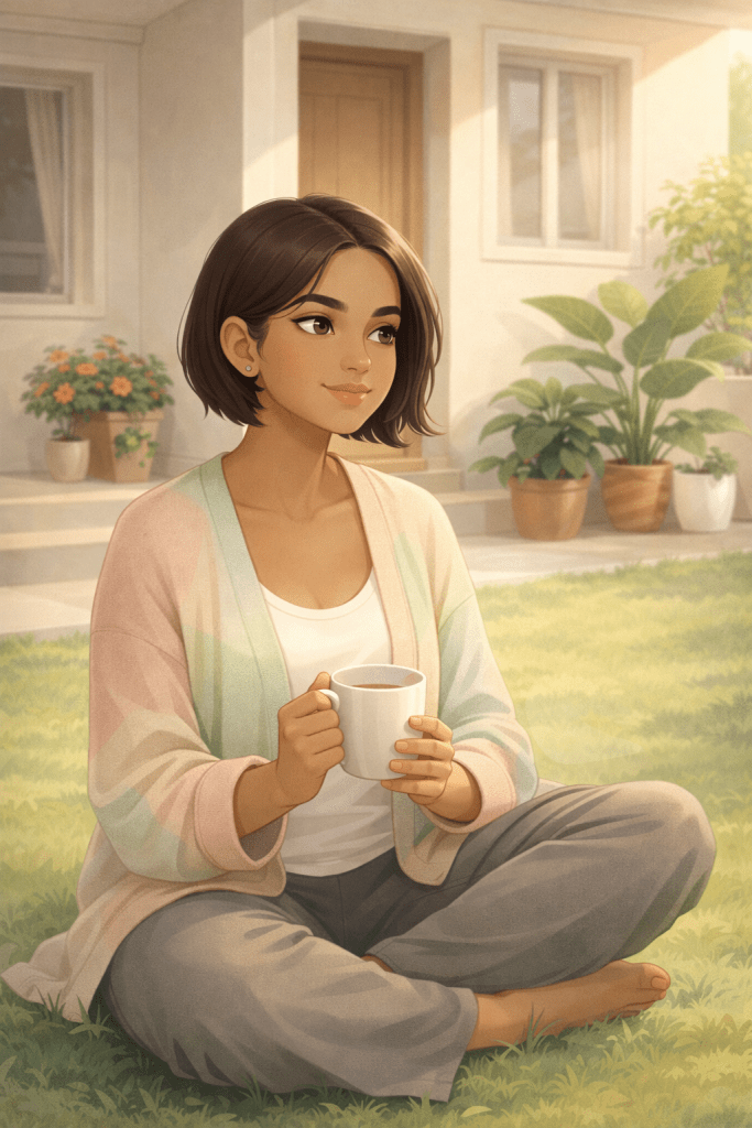 Woman sitting cross-legged on grass in soft morning sunlight holding a cup of tea, symbolising micro-joy rituals for mood and dopamine regulation.