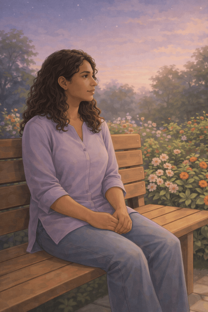 Illustration of a person sitting quietly in soft twilight, surrounded by early-season plants and open sky, reflecting calm and gentle transition.