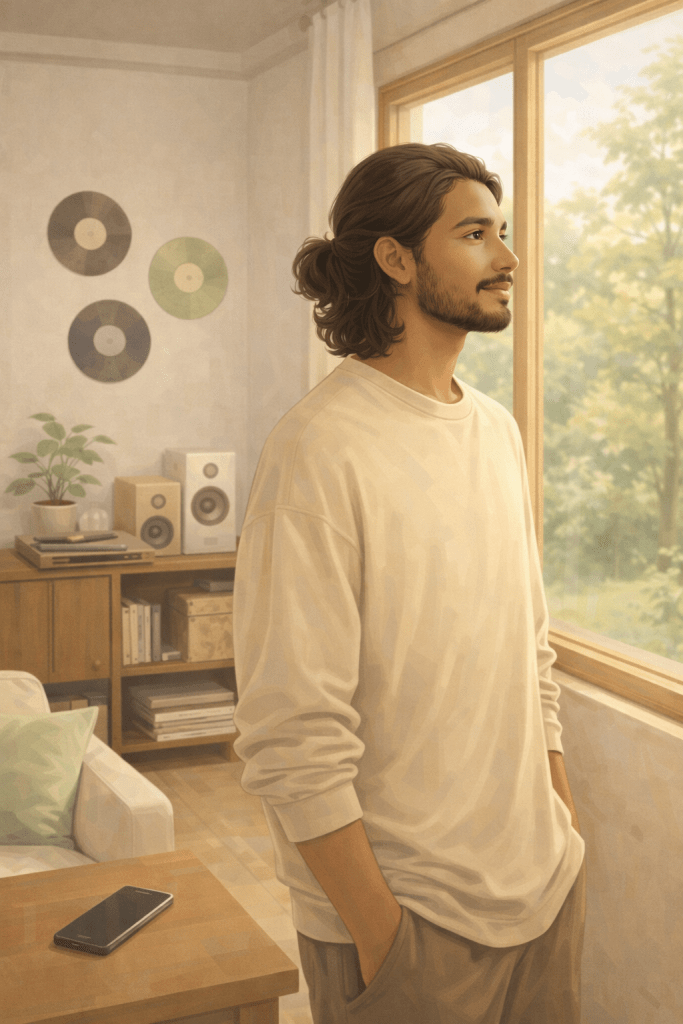 Young man standing quietly by a sunlit window in a warm, minimalist room, gazing outside in a calm, reflective moment of stillness.