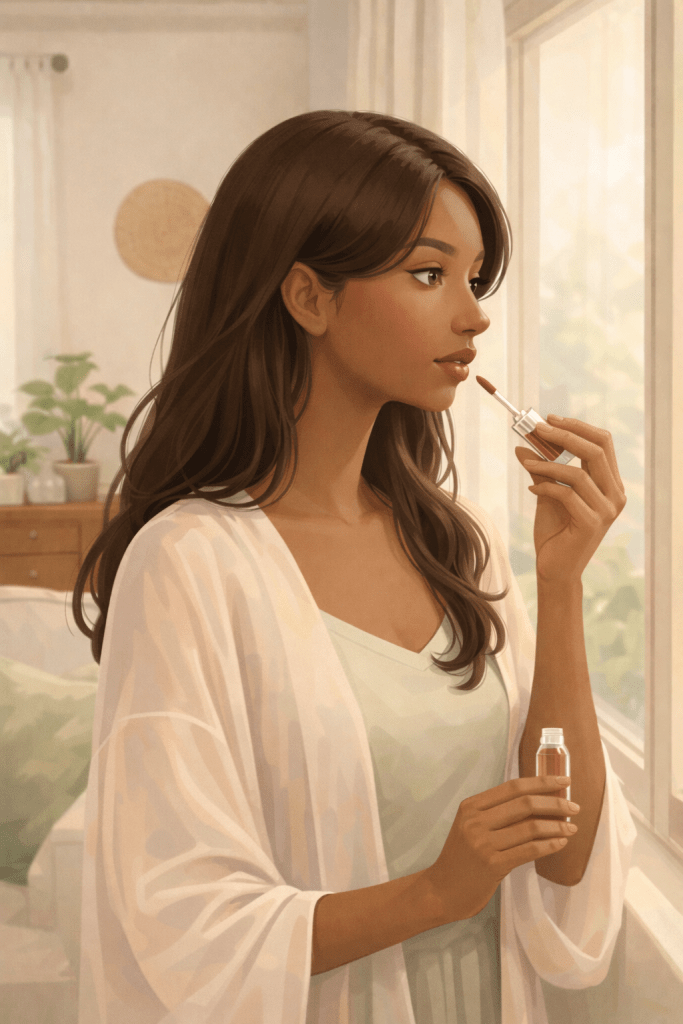 Woman applying pink lip gloss by a window in a calm, modern space, practising a mindful lipstick routine for grounding and self-care.