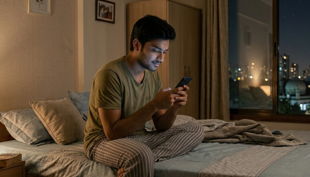 Young Indian man sitting on his bed at night using a smartphone, illustrating late-night scrolling, blue light exposure and its effects on sleep quality and circadian rhythm.