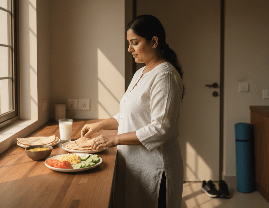 Indian woman preparing a balanced breakfast with chapati, dal, eggs, vegetables and milk in a sunlit kitchen, representing healthy metabolism and sustainable weight management habits.