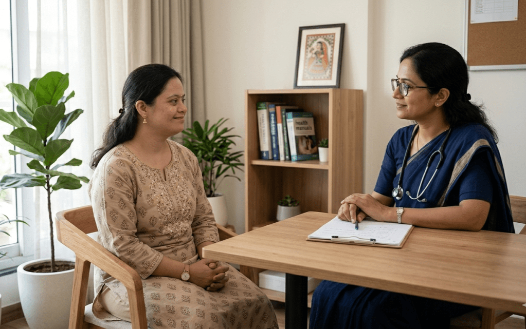 Woman with Down syndrome attending a gynaecological consultation with a female doctor in a calm clinic setting, highlighting inclusive reproductive healthcare.