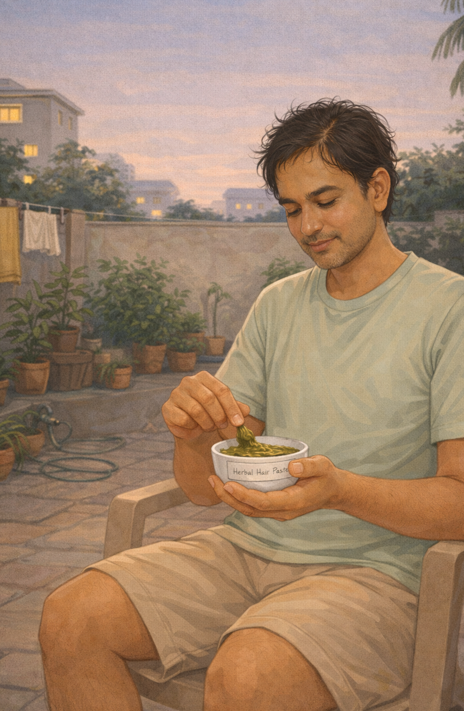 Indian man applying herbal hair paste made from Brahmi and Bhringraj powder for natural hair growth and scalp health on a terrace at sunset.