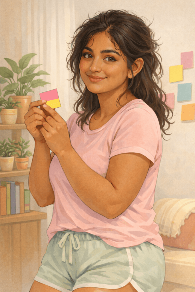 Woman preparing colourful sticky note affirmations for a kind April Fools prank that supports mental health and reduces stress.