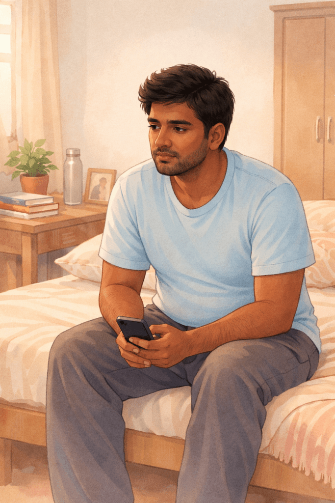 Young Indian man sitting on a bed in a modest middle-class bedroom holding a phone, reflecting on loneliness and the desire for social connection