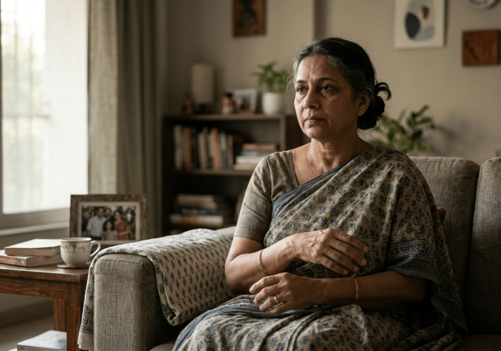 Older Indian woman sitting at home with subtle hand tremor, representing early symptoms of Parkinson’s disease in daily life