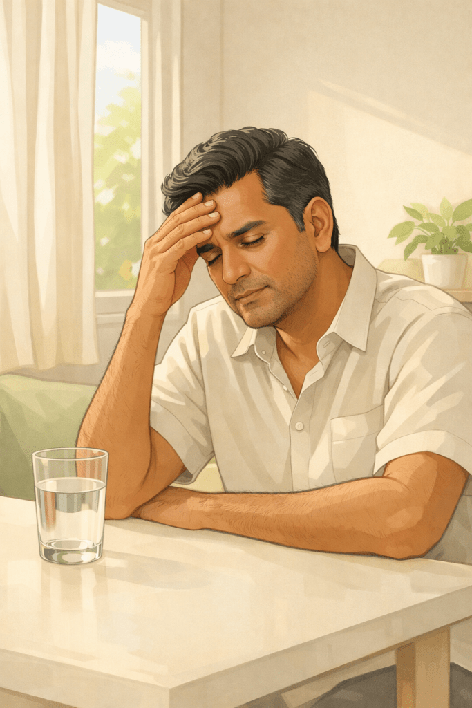 Man holding his forehead with a headache indoors during summer, glass of water on table, illustrating dehydration and heat-related migraine