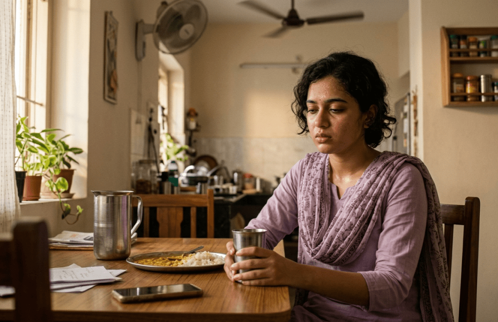 Young Indian woman sitting indoors looking fatigued and dehydrated during summer heat, holding a glass of water with low energy and signs of heat exhaustion