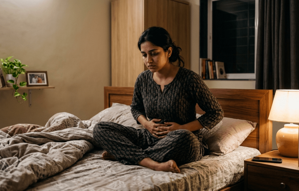 Young Indian woman sitting on bed at night holding her abdomen in pain, representing IBS symptoms like abdominal discomfort and bloating