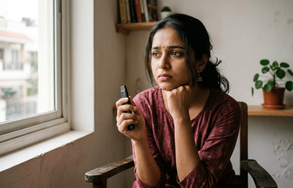 Young woman holding e-cigarette indoors, showing concern about vaping vs smoking and health risks of e-cigarettes
