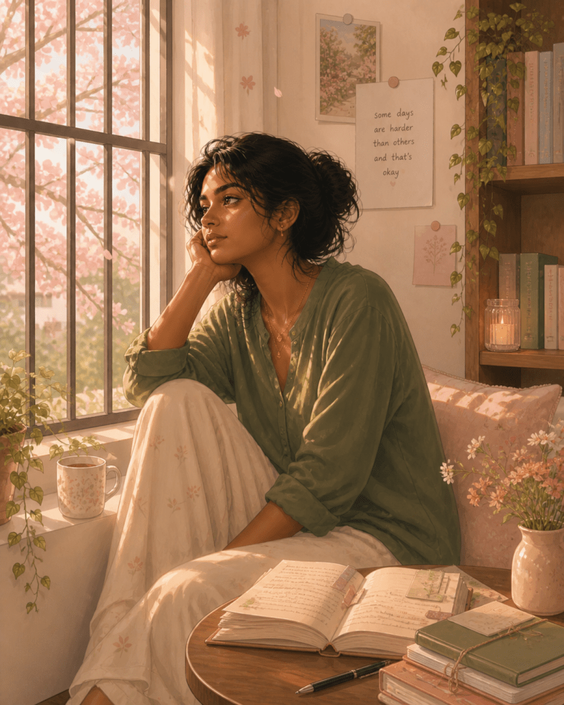 Young Indian woman sitting by a window, looking thoughtful and overwhelmed, with a journal and tea, representing overthinking, mental overload, and emotional healing.