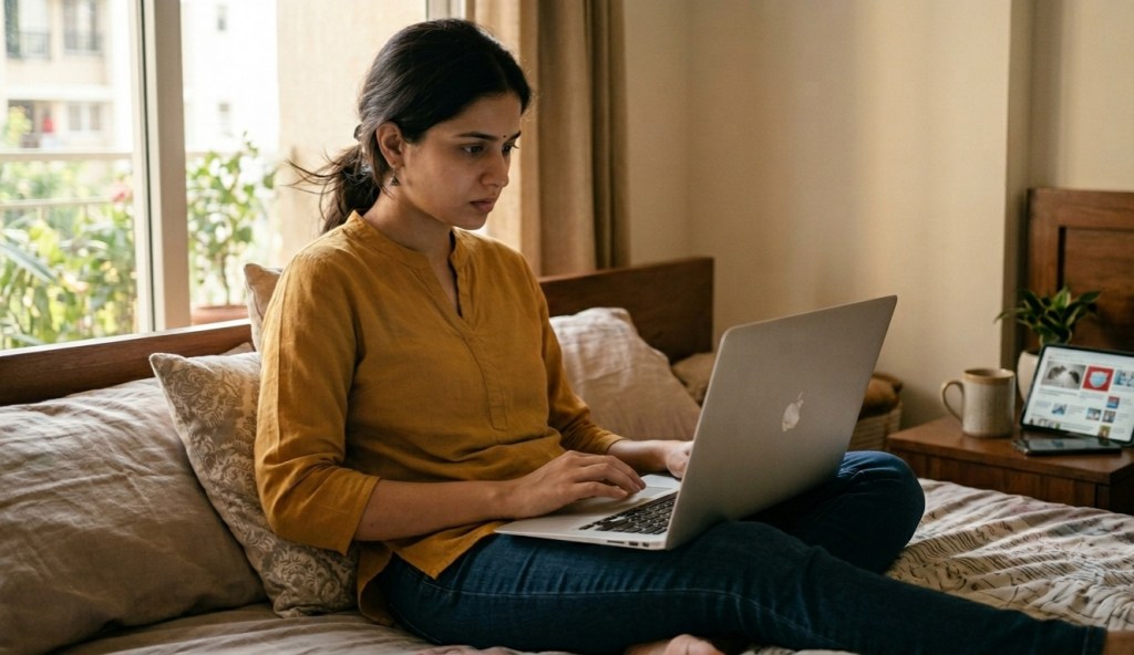 Worried young woman reading alarming hantavirus news online while sitting on a bed, illustrating social media panic and fear surrounding hantavirus symptoms and outbreaks.
