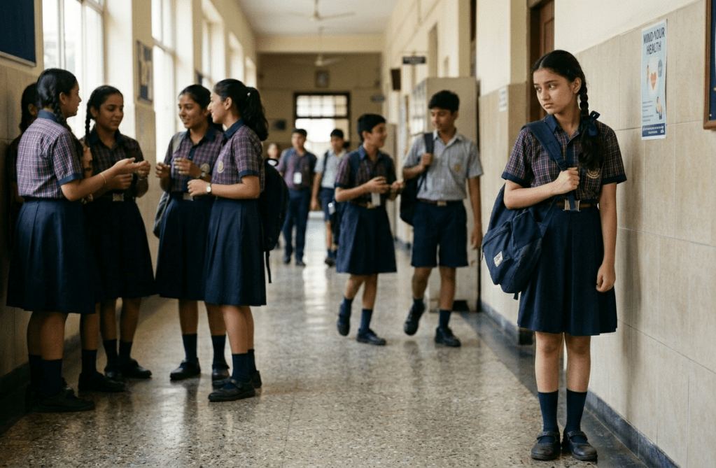 Indian teenage schoolgirl standing alone in a school corridor while other students socialise nearby, illustrating social anxiety disorder and feelings of isolation.