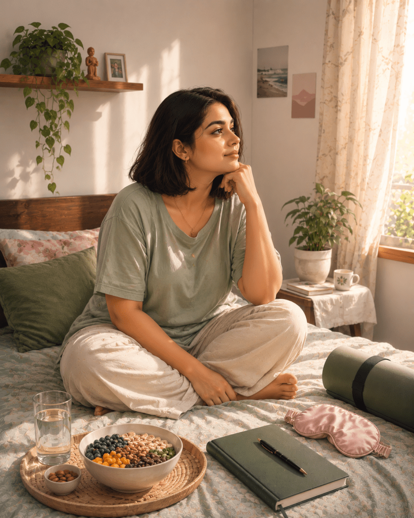 Young Indian woman relaxing on her bed with healthy food, water, yoga mat, journal, and sleep mask in a calm sunlit bedroom representing PMOS wellness and holistic hormone health.
