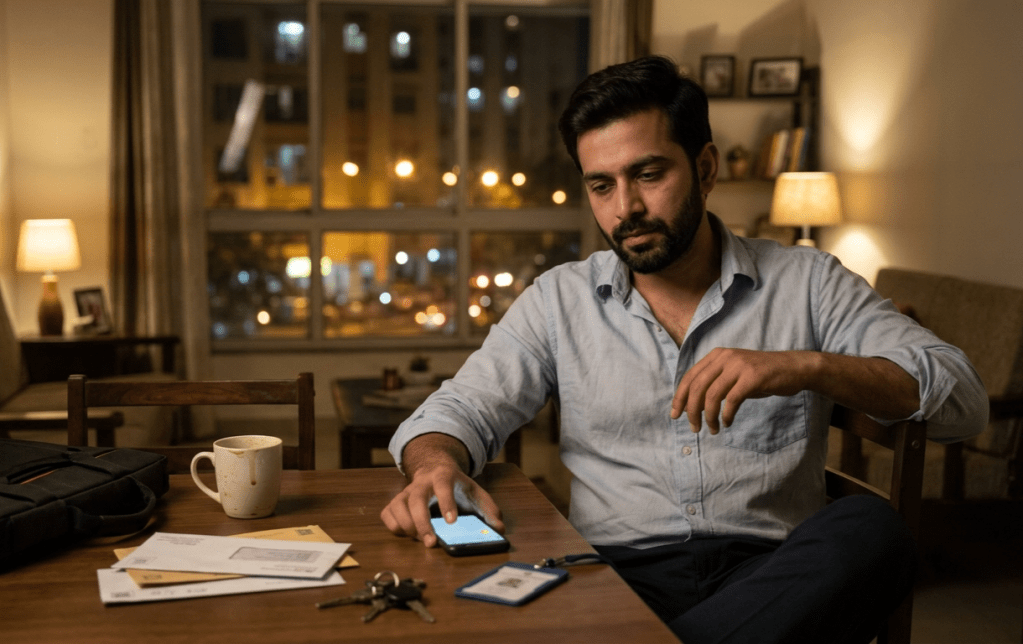 Emotionally exhausted Indian man sitting alone at night in his apartment, reflecting on stress, loneliness, and men’s mental health struggles in India.