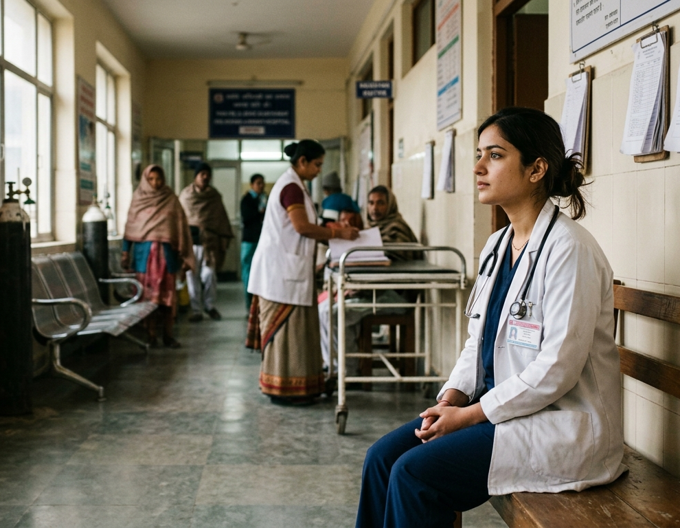 Young female doctor sitting in a busy Indian hospital corridor during a long shift, reflecting between patient consultations.