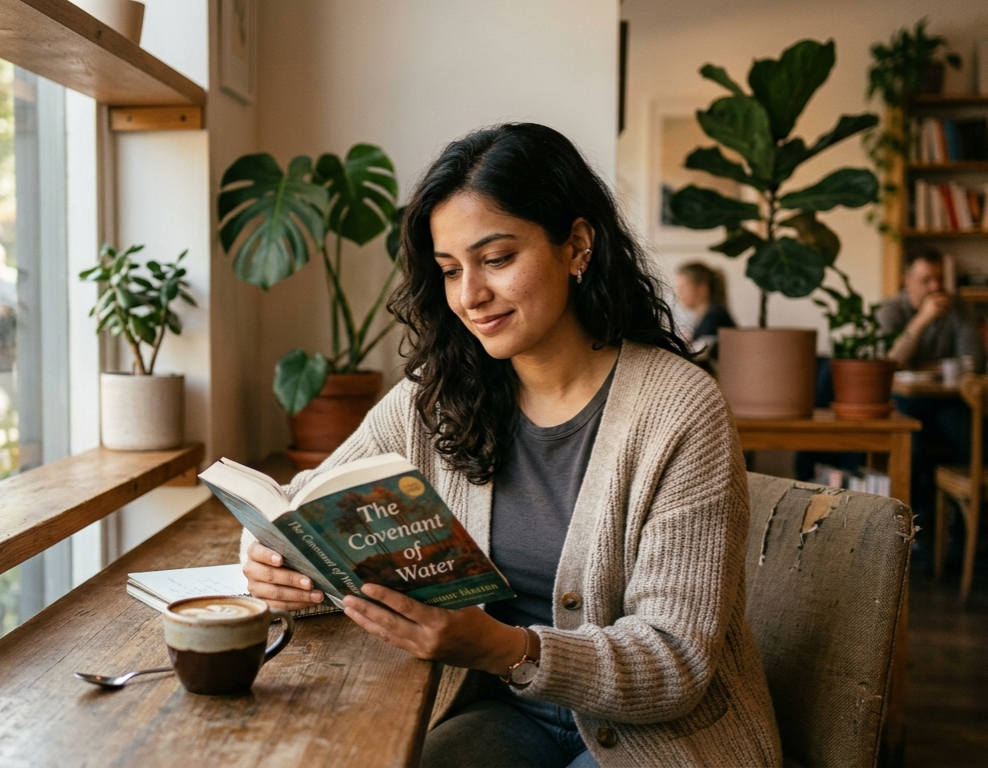 Young woman reading a book alone in a café while enjoying a cup of coffee, illustrating introversion, solitude, self-reflection, and the need to recharge after socialising.