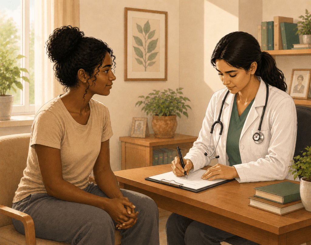 Editorial illustration of a doctor listening to a patient during a consultation, highlighting the importance of sharing symptoms, medications, medical history, and health concerns.