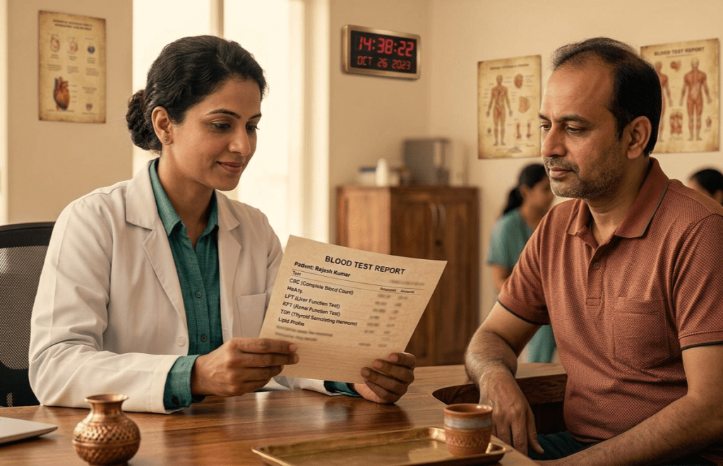 Doctor explaining a blood test report to a patient during a consultation, discussing common investigations such as CBC, HbA1c, liver and kidney function tests.