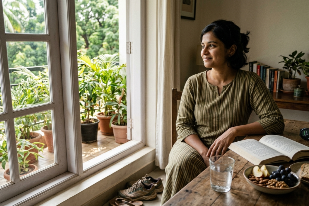 Woman practising evidence-based self-care at home by reading a book, staying hydrated and enjoying natural sunlight through a window.
