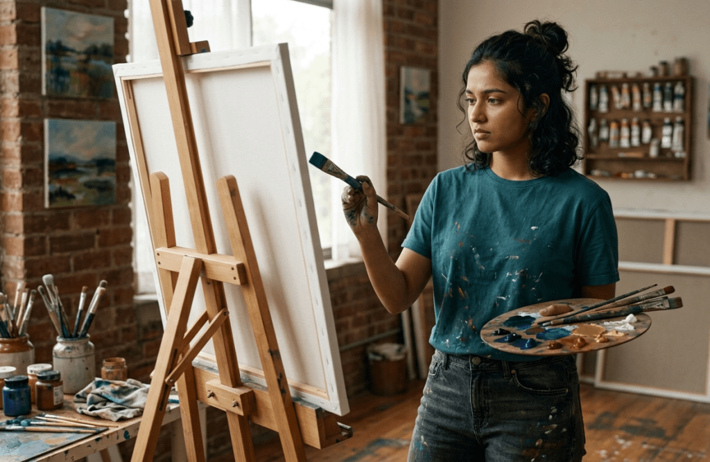 A young artist pauses before a blank canvas in a sunlit studio, imagining her next painting before making the first brushstroke, illustrating the uniquely human power of imagination.