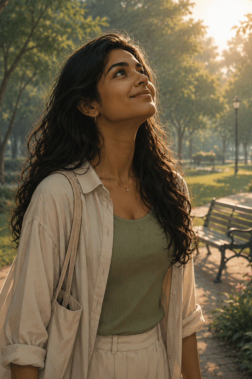 Young woman standing in a sunlit park, looking up with a gentle smile, illustrating mindfulness, gratitude, emotional resilience, and positive mental wellbeing.
