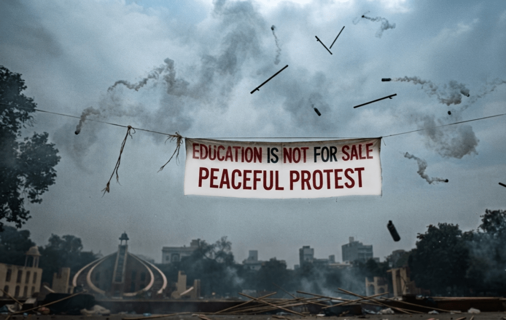 A banner reading "Education Is Not for Sale" hangs amid tear gas and smoke during the July 2026 Jantar Mantar student protest in Delhi.