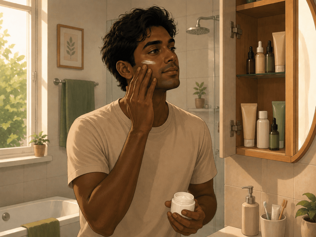 Dark-skinned Indian man applying moisturiser to his cheek in a bright bathroom, with a cabinet containing skincare products such as serums and sunscreen, illustrating a dry skin care routine.