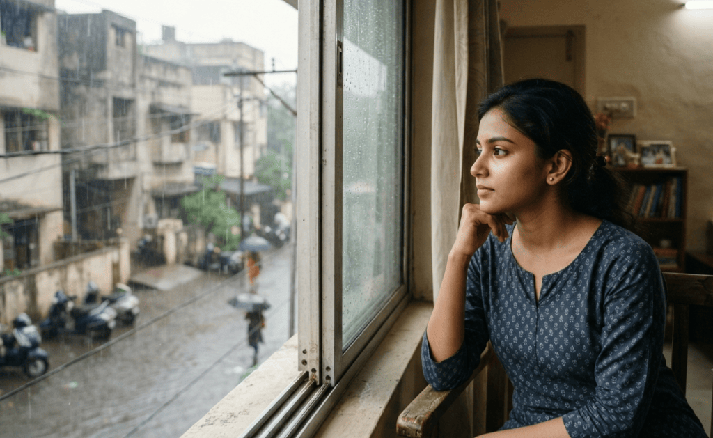 Young Indian woman looking out of a window during heavy monsoon rain, highlighting the rainy season and the health risks associated with floods in India.
