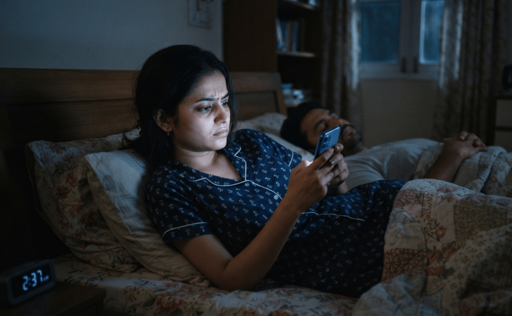 Woman scrolling on her smartphone in bed late at night while her partner sleeps, illustrating bedtime social media use, doomscrolling, blue light exposure and disrupted sleep.