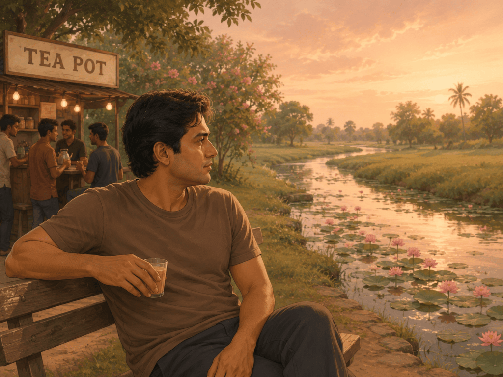 Indian man enjoying a cup of milk tea on a park bench beside a riverside tea stall at sunset, illustrating healthy chai drinking habits.
