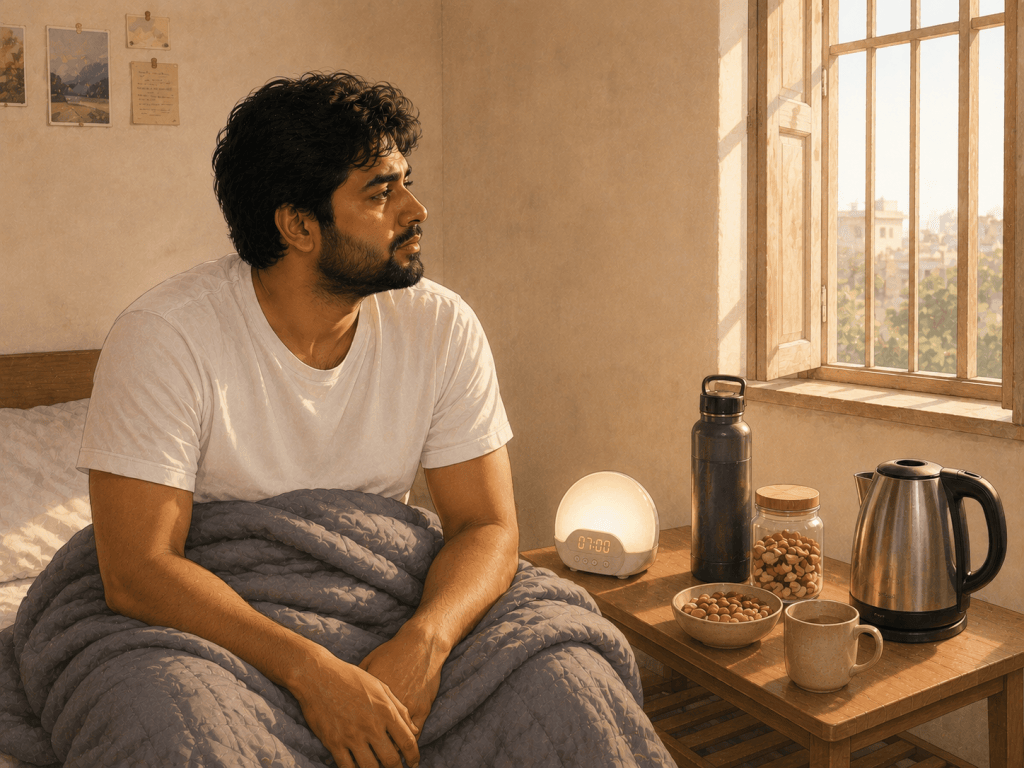 A person sitting in bed wrapped in a weighted blanket beside a sunrise alarm clock, water bottle, healthy snacks and an electric kettle, representing practical self-care during depression, grief or emotional burnout.