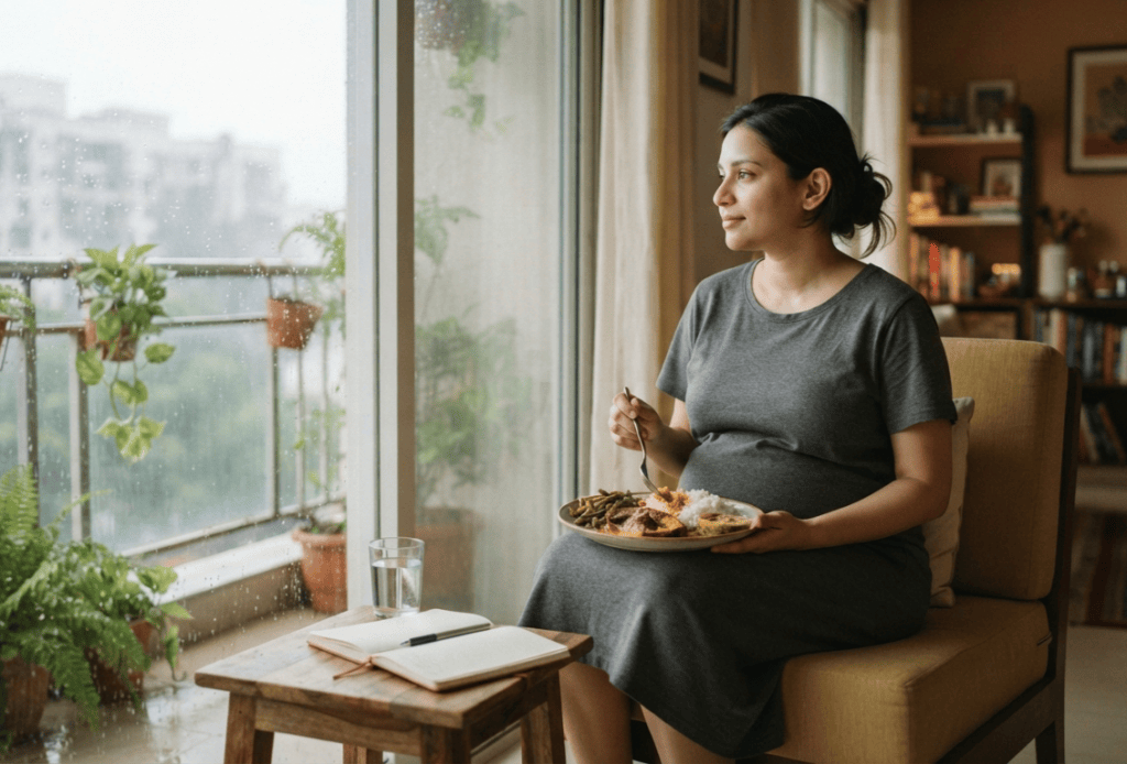 Pregnant woman sitting by a window eating a healthy meal, illustrating evidence-based nutrition and healthy pregnancy habits while debunking common pregnancy myths.