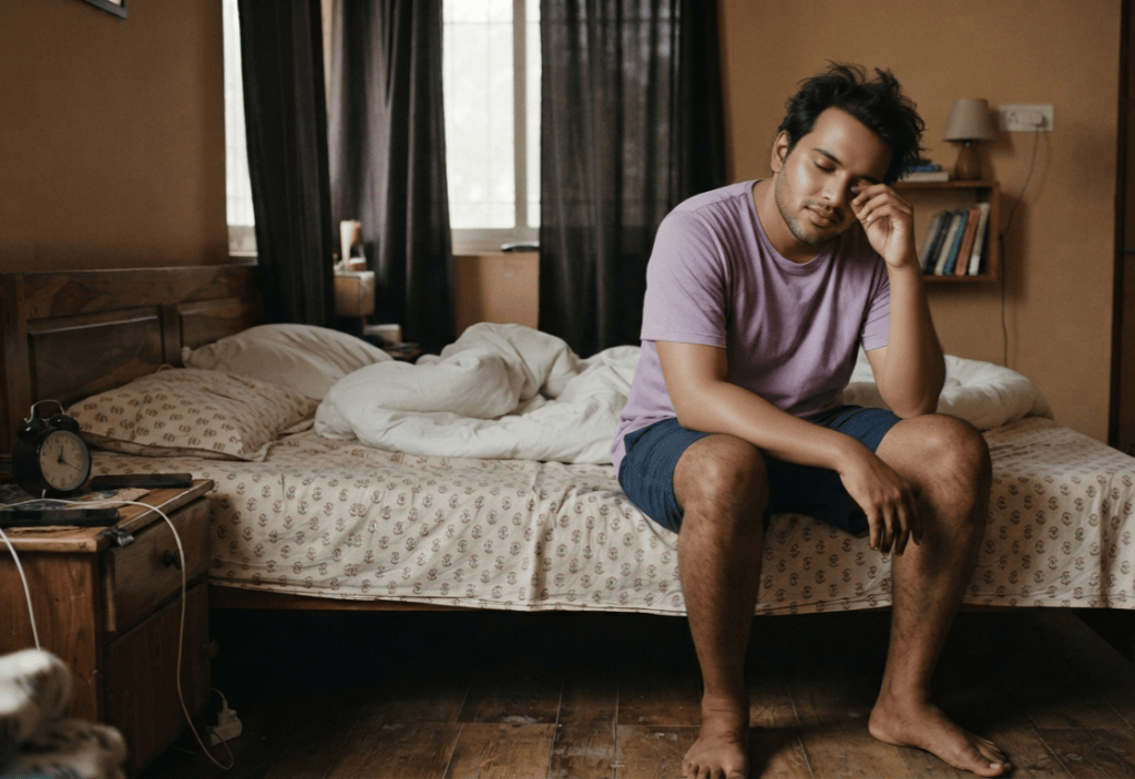 Young Indian man sitting on the edge of his bed looking exhausted after waking up tired despite a full night's sleep.