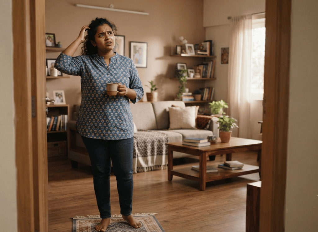 Indian woman experiencing brain fog, standing confused in her living room after forgetting why she entered the room while holding a mug of coffee.