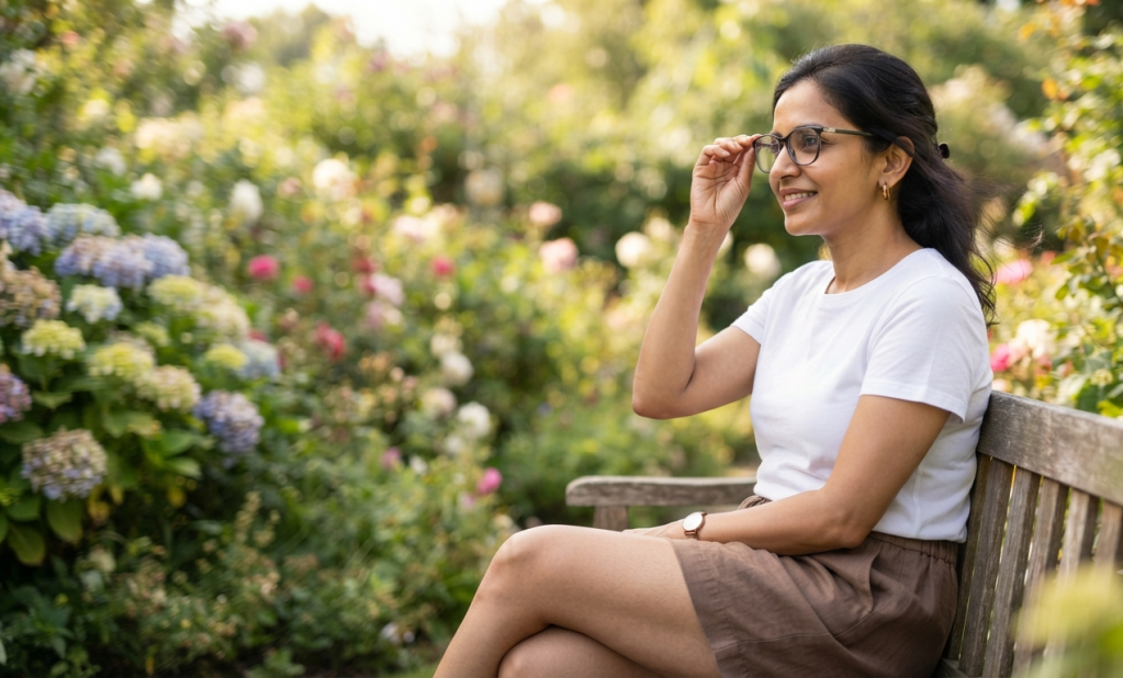 Woman wearing glasses outdoors in a garden, highlighting healthy eye-care habits and natural eye health
