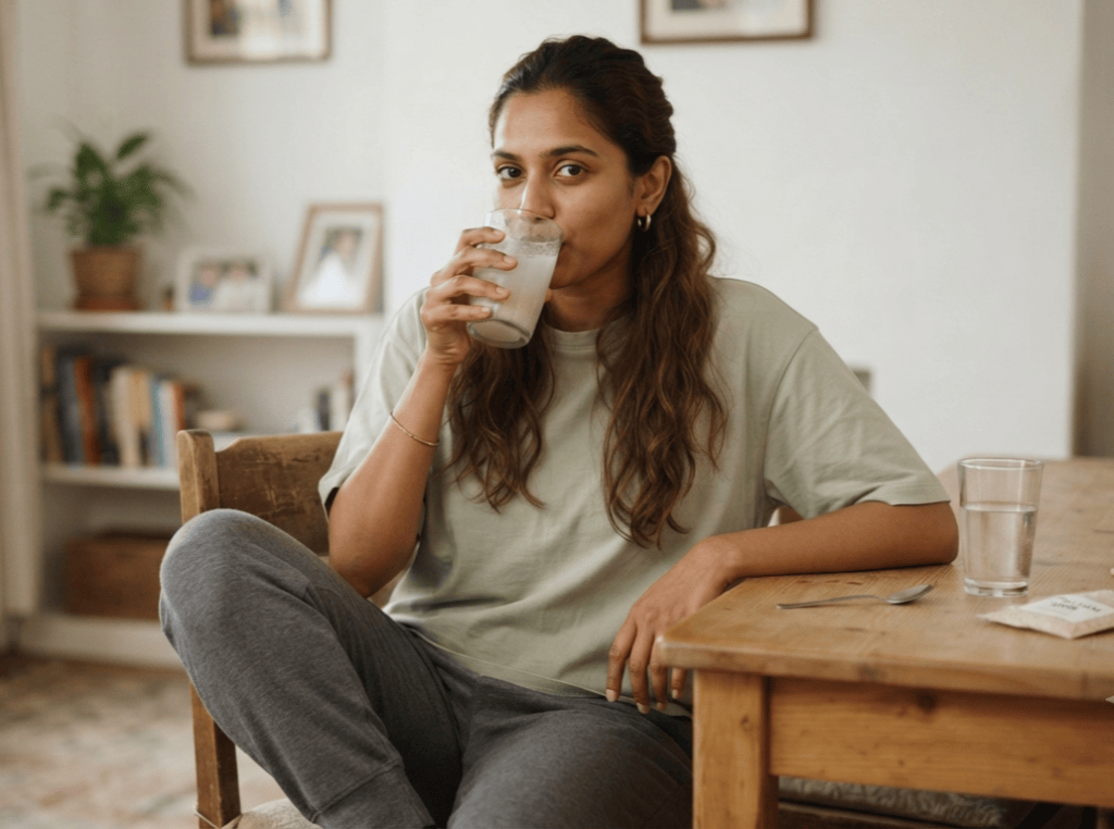 Woman drinking psyllium husk mixed with water for blood sugar, weight and gut health
