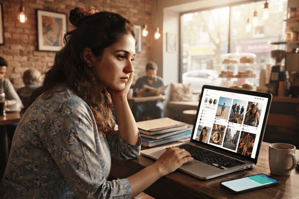 Woman experiencing social media comparison while looking at images on a laptop in a café