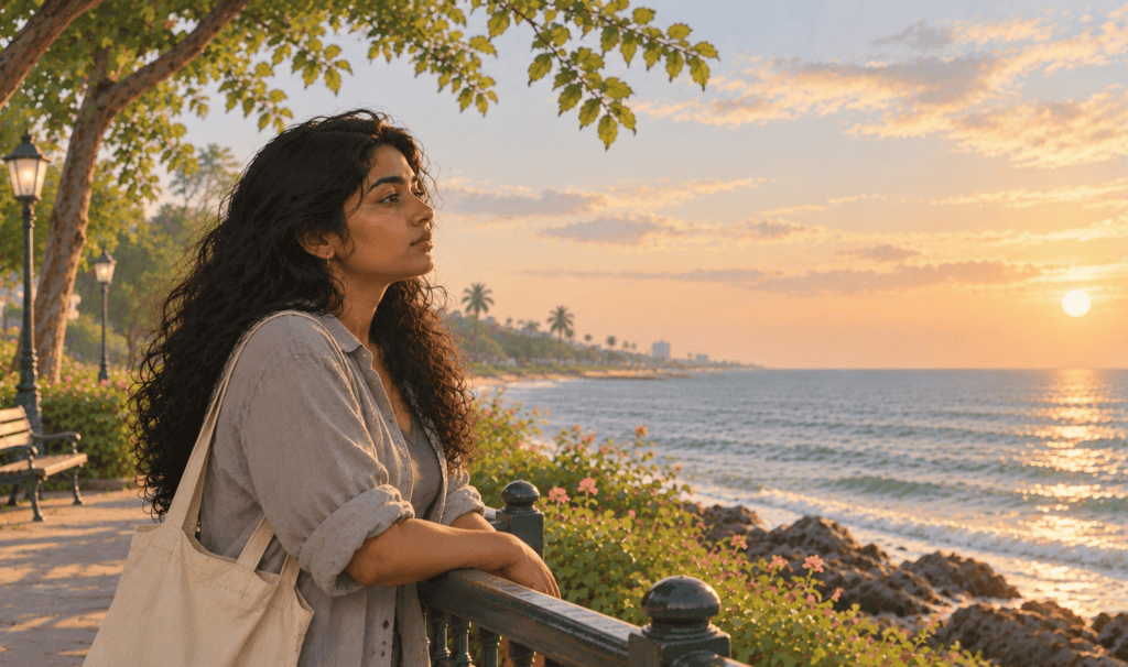 Woman standing by the sea at sunset, looking towards the horizon in a seaside park
