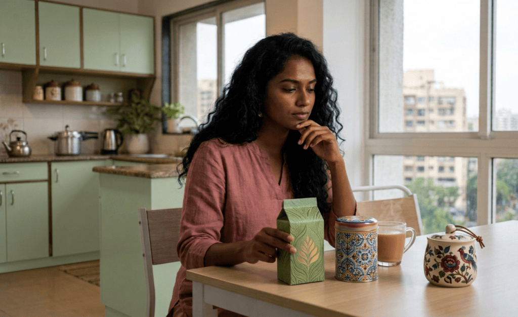 A woman considering a sugar substitute while holding a sweetener container beside a cup of tea in her kitchen.